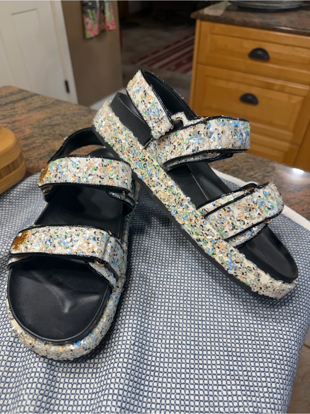 Tory Burch Iridescent Sequins Strappy Sandals with Black Footbed